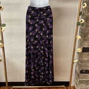 Hourglass Lilly Stretchy Black with Purple Leaves Print Maxi Skirt size XS